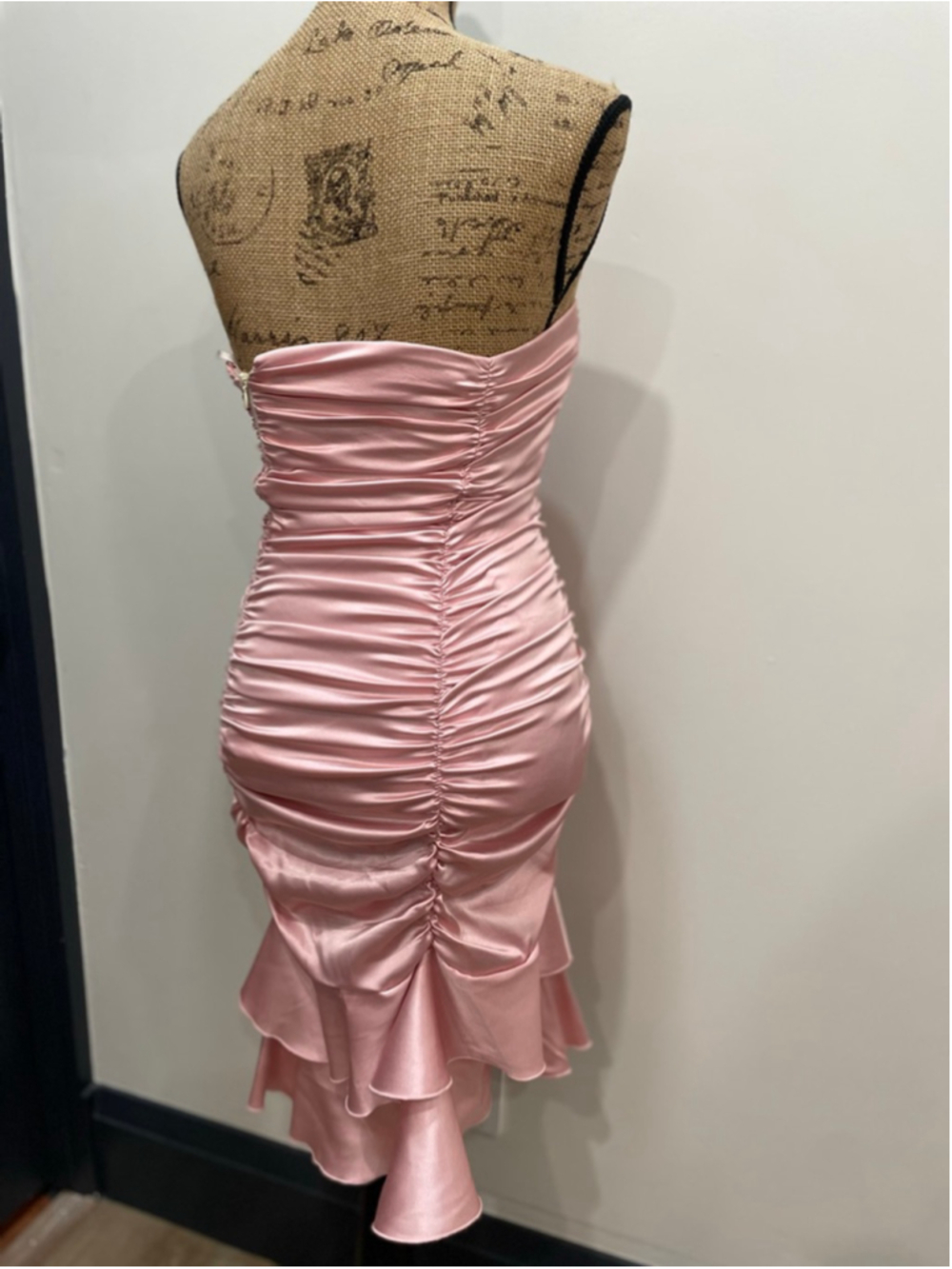 Vintage Jessica McClintock Satin Pink Strapless Ruched Ruffle Dress 4 Glam Party - Picture 4 of 6